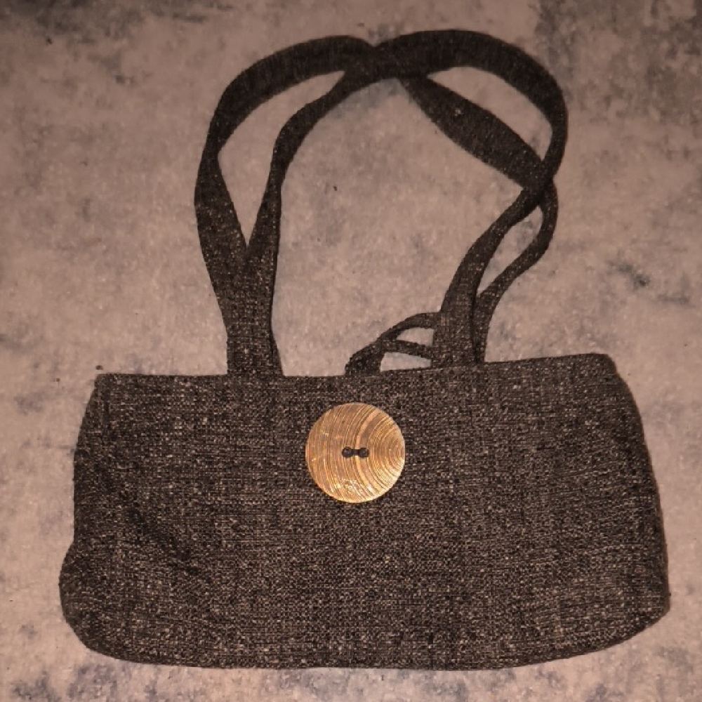 Chic Brown Tweed Shoulder Bag with Gold Button